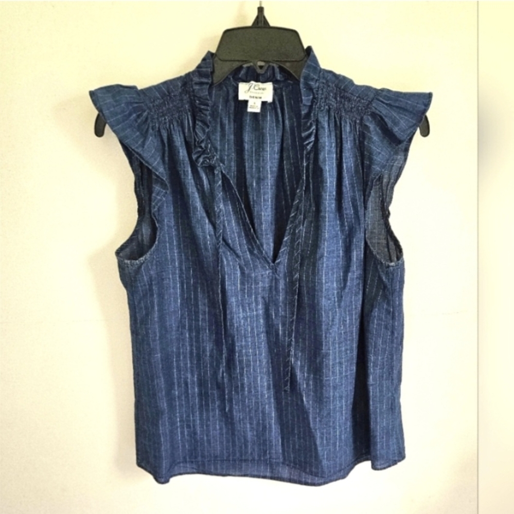 J. Crew Indigo Ruffle Sleeve Top With Silver Pinstripes S